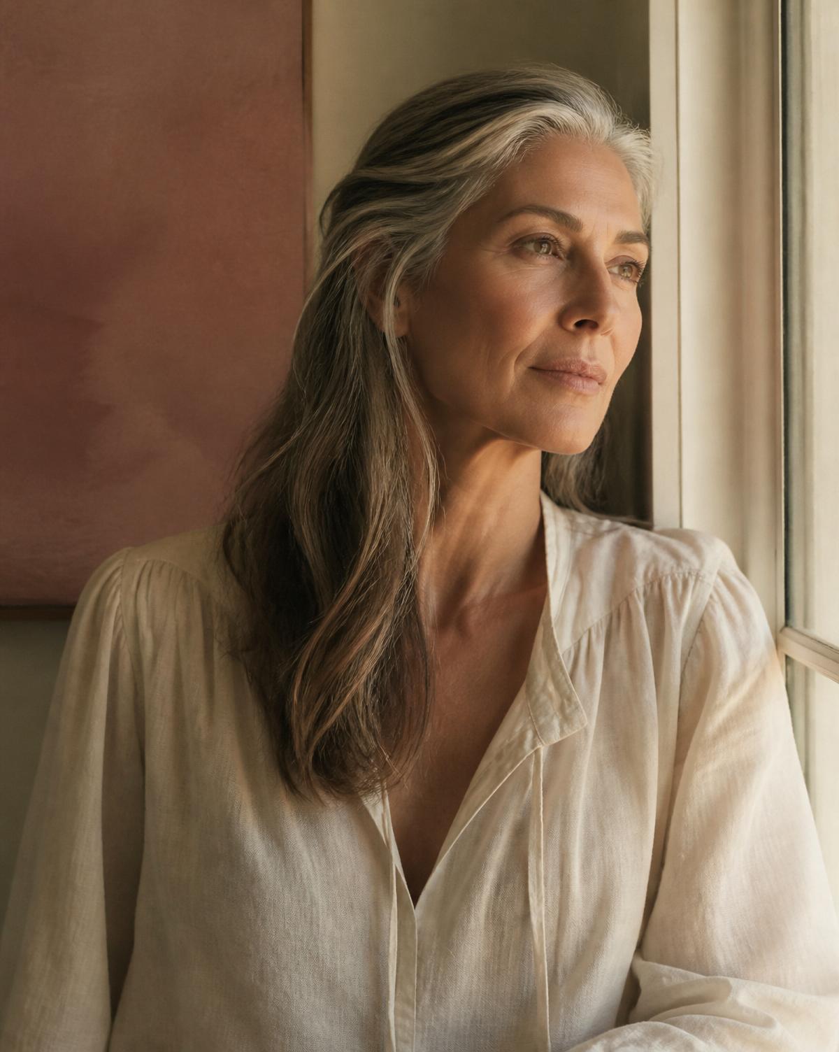 A woman in her late 40s in soft morning light